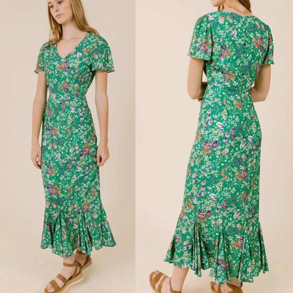 LaRoque Barrett Green Meadow Floral Print V-neck Midi Dress 22778